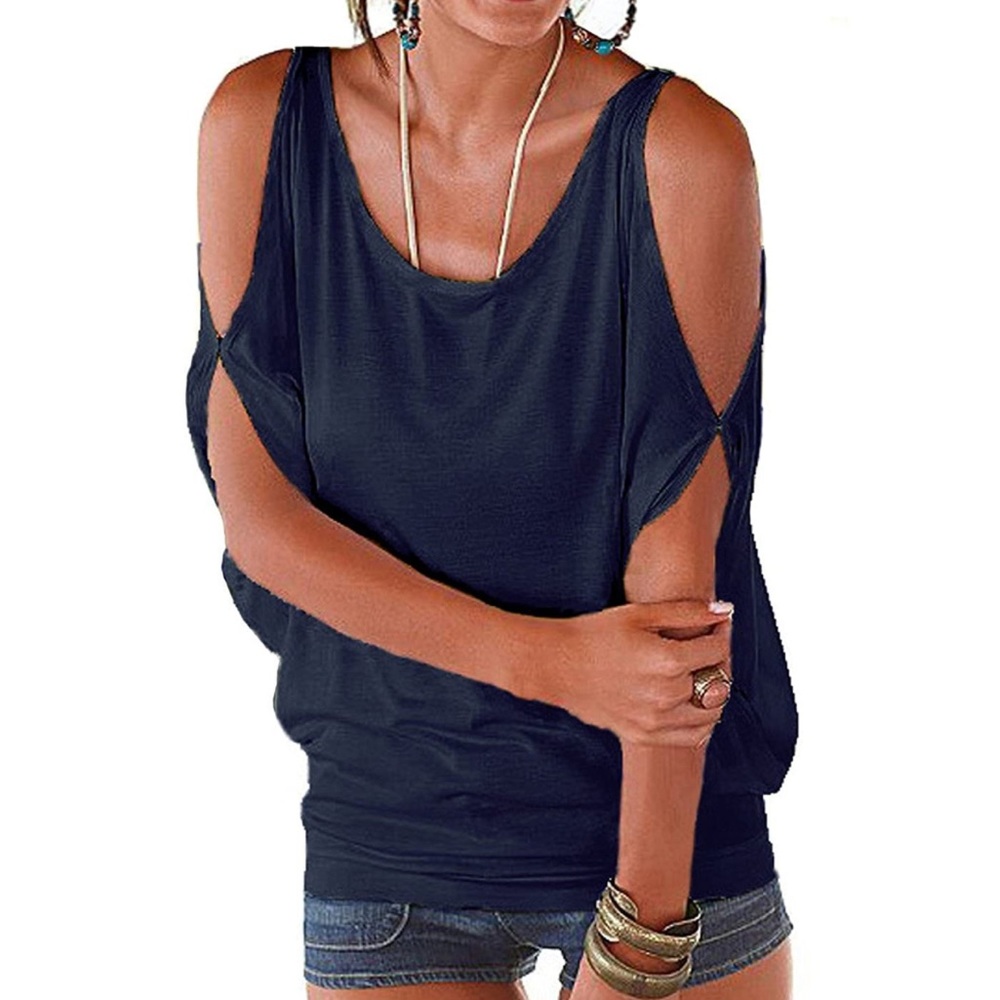 Dark blue Lascana for Venus cold shoulder, tie back, slit sleeve shirt (L) (NWT)